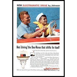1962 Johnson Sea Horse Outboard Motor Vintage Print Ad Father Son Boating Decor